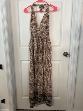 Bohemian Floral Halter Maxi Dress in Beige